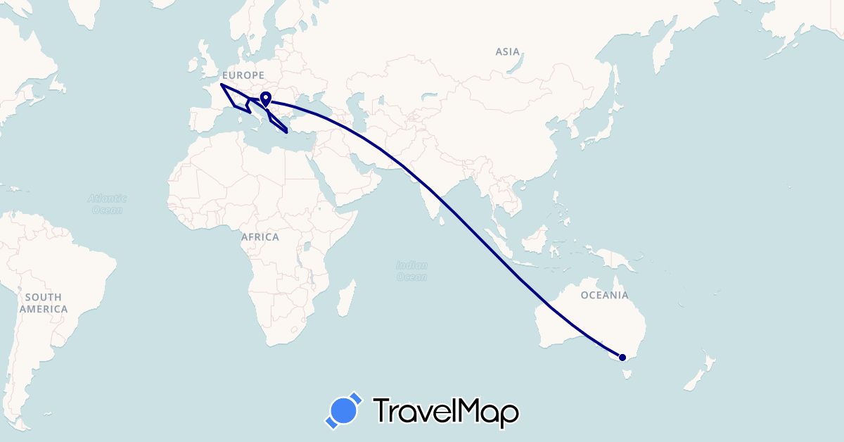 TravelMap itinerary: driving in Australia, Switzerland, France, Greece, Croatia, Italy, Montenegro (Europe, Oceania)